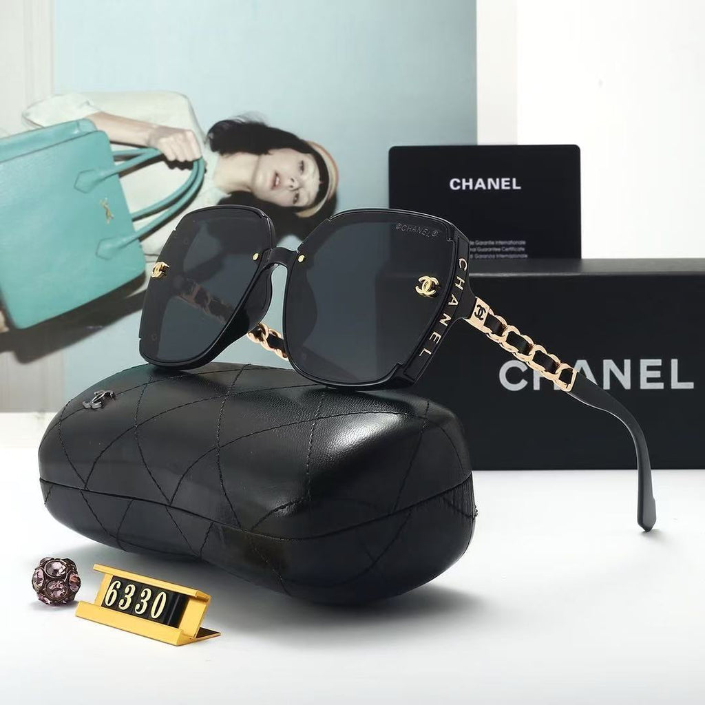 [Ships within 24 hours] New "Chanel-style" quilted-pattern leather-case sunglasses – women’s high-end square-frame shades featuring trendy gold-lettered temples; perfect for beach vacations and sun protection.