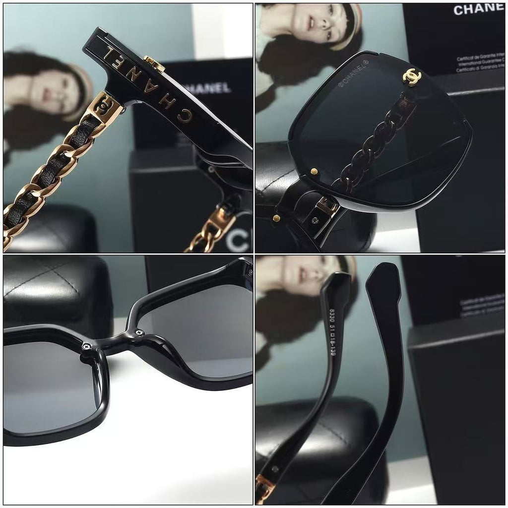 [Ships within 24 hours] New "Chanel-style" quilted-pattern leather-case sunglasses – women’s high-end square-frame shades featuring trendy gold-lettered temples; perfect for beach vacations and sun protection.